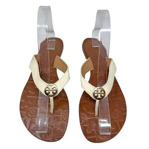 Tory Burch Thora Thong Sandals Flip Flops Patent Leather Ivory Gold Size US 8